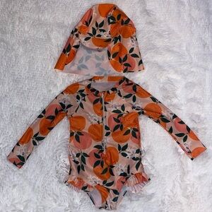 Girls 18 month Swimsuit with matching hat rash guard swimsuit long sleeve